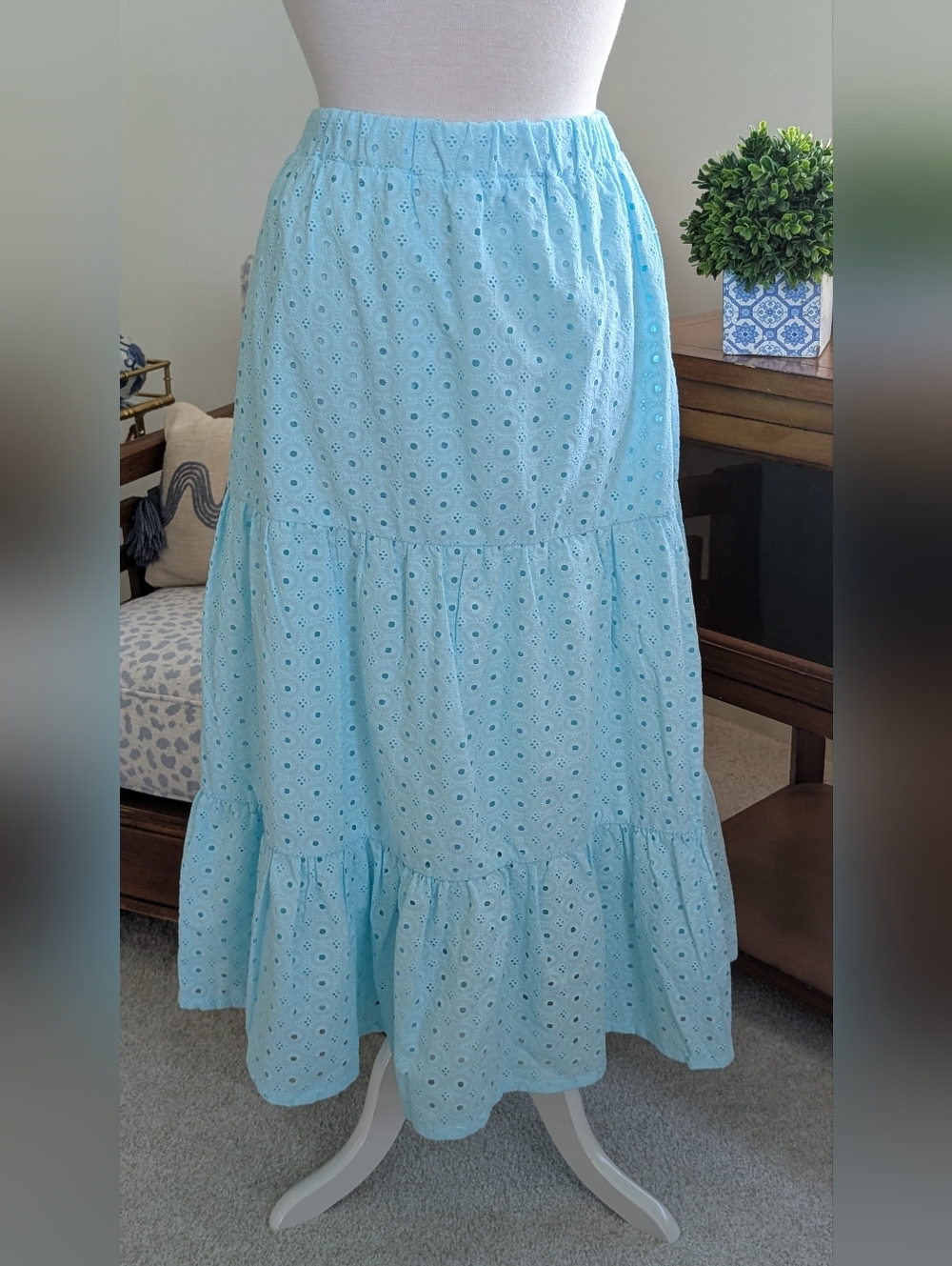Crown And Ivy Blue Eyelet Tiered Maxi Skirt